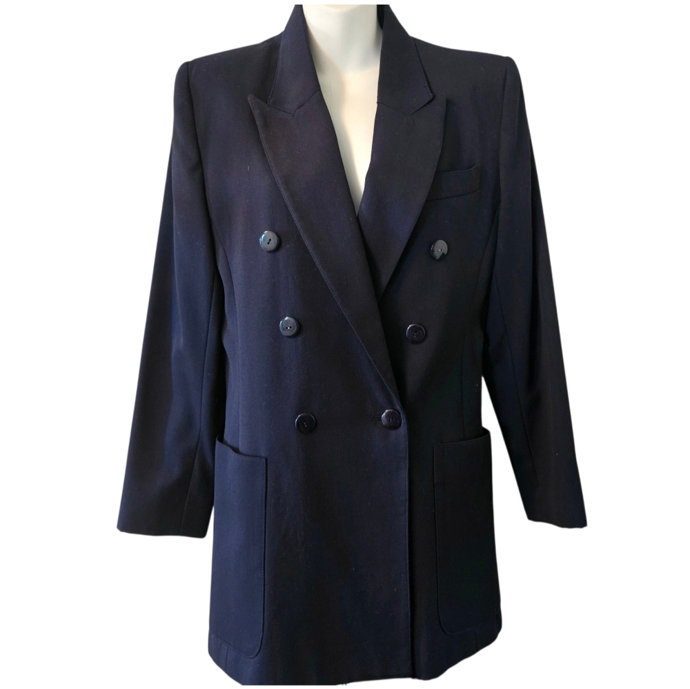 Vintage Dark Blue Double-Breasted Peak Lapel Blazer Medium